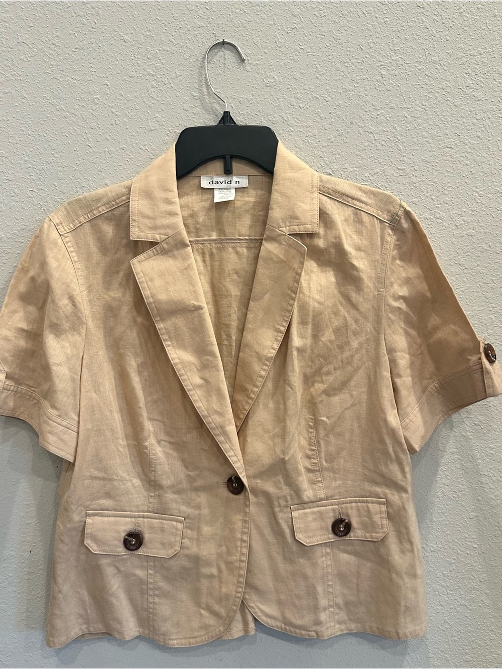 Vintage David N Linen Blend Short Sleeve Safari Blazer Beige Neutral Career M